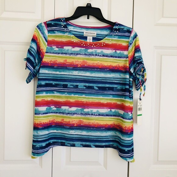 ALFRED DUNNER WOMENS TOP PETITE LARGE CREW NECK, SHORT SLEEVE STRIPED SHARKBITE - Picture 2 of 7